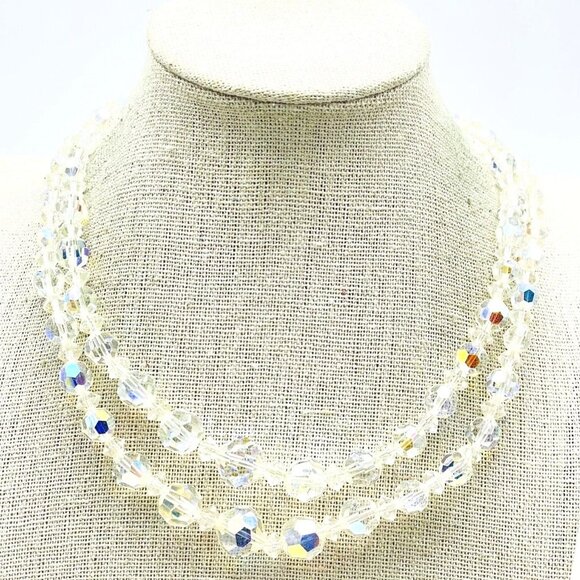 Unbranded Jewelry - Vintage Double Strand Aurora Borealis Necklace Silver Tone Bling Sparkle READ